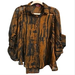 Vintage CERES Brown/Black abstract print sheer buttonfront 3/4 sleeve top.Size S
